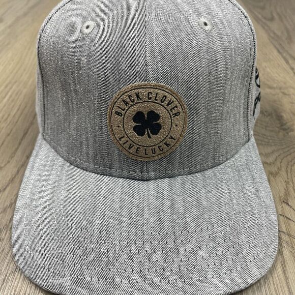 Black Clover Hat Cap Strap Back Gray Topgolf Patch Leather Adjustable Mens Golf - Picture 2 of 9